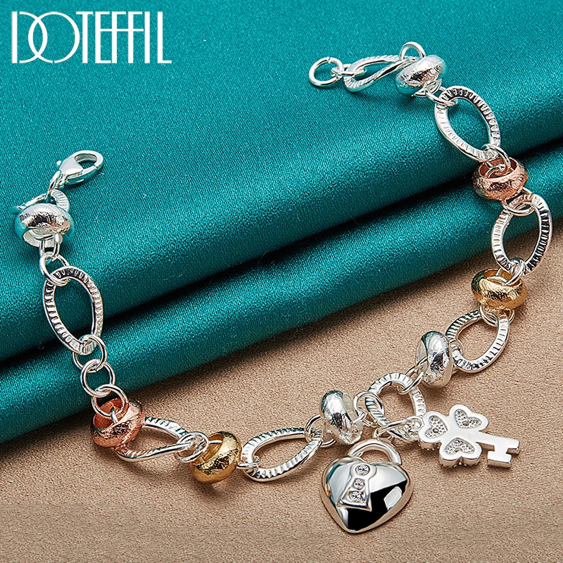 DOTEFFIL 925 Sterling Silver Heart Lock Clover Flower AAA Zircon Bransoletka Łańcuch dla kobiet Biżuteria zaręczynowa ślubna