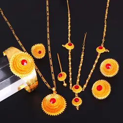 Ethiopian Gold Color Hair Piece Pendant Necklace Earings Ring Hair Pin Bracelet Eritrea Africa Women Wedding Jewelry Set