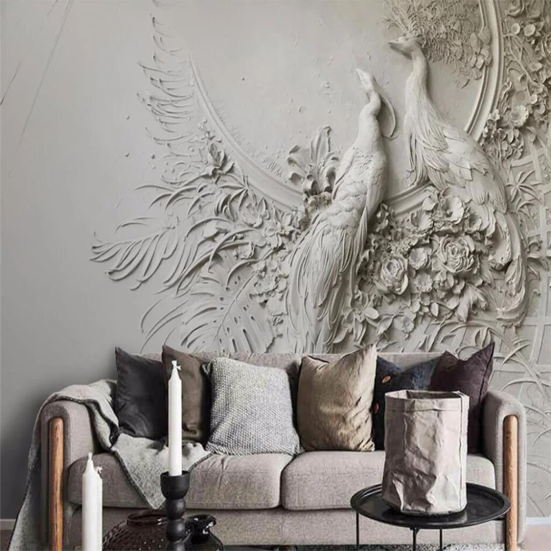 Custom Mural Wallpaper 3D Relief Peacock TV Sofa Background Wall Painting