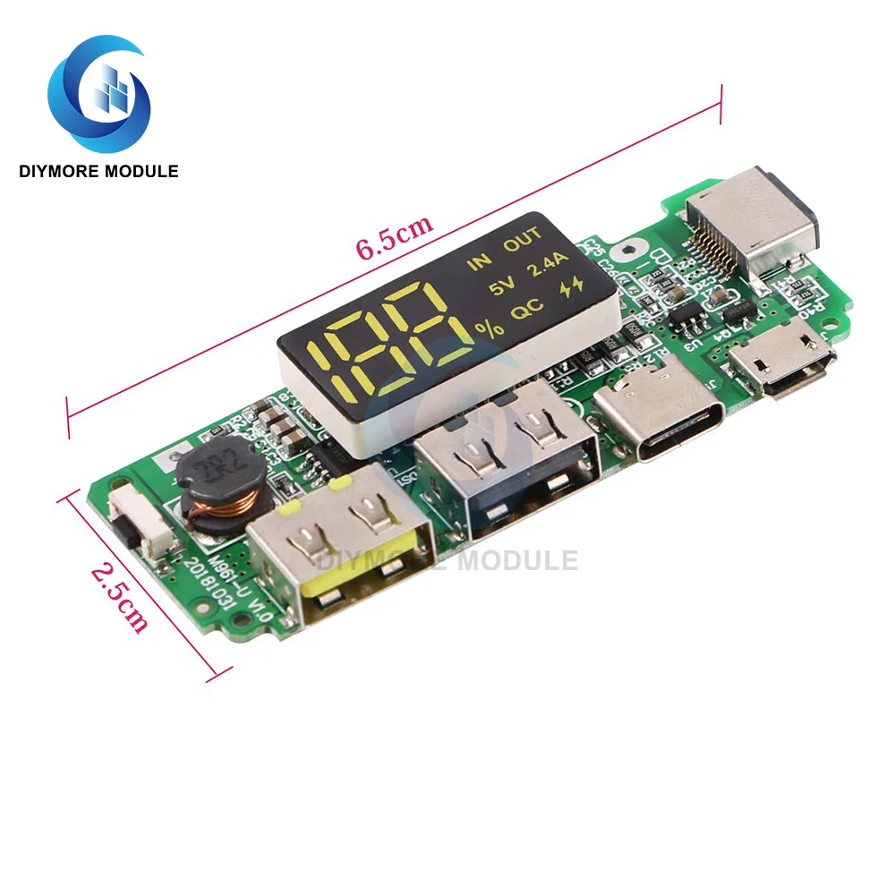 Dual USB 5V 2.4A Charge Board Micro USB Type-C 18650 Power Bank Box Charging Module with LED Screen Display