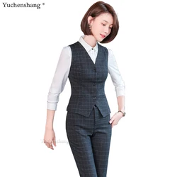 Women Slim S-4XL Pant Suit Sleeveless Gray Blue Plaid Vest Blazer and Trousers Two Pieces Set for Office Ladies Work Wear