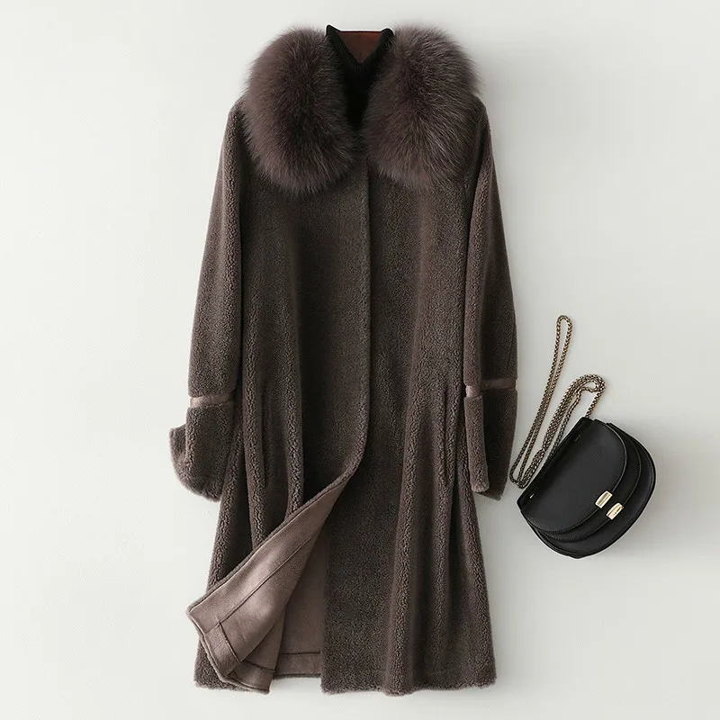 Real Fur Coat Women Plus Size Long Winter Jacket Fashion Fox Fur Collar Sheep Shearing Women's Wool Fur Coats XESD228 KJ5655