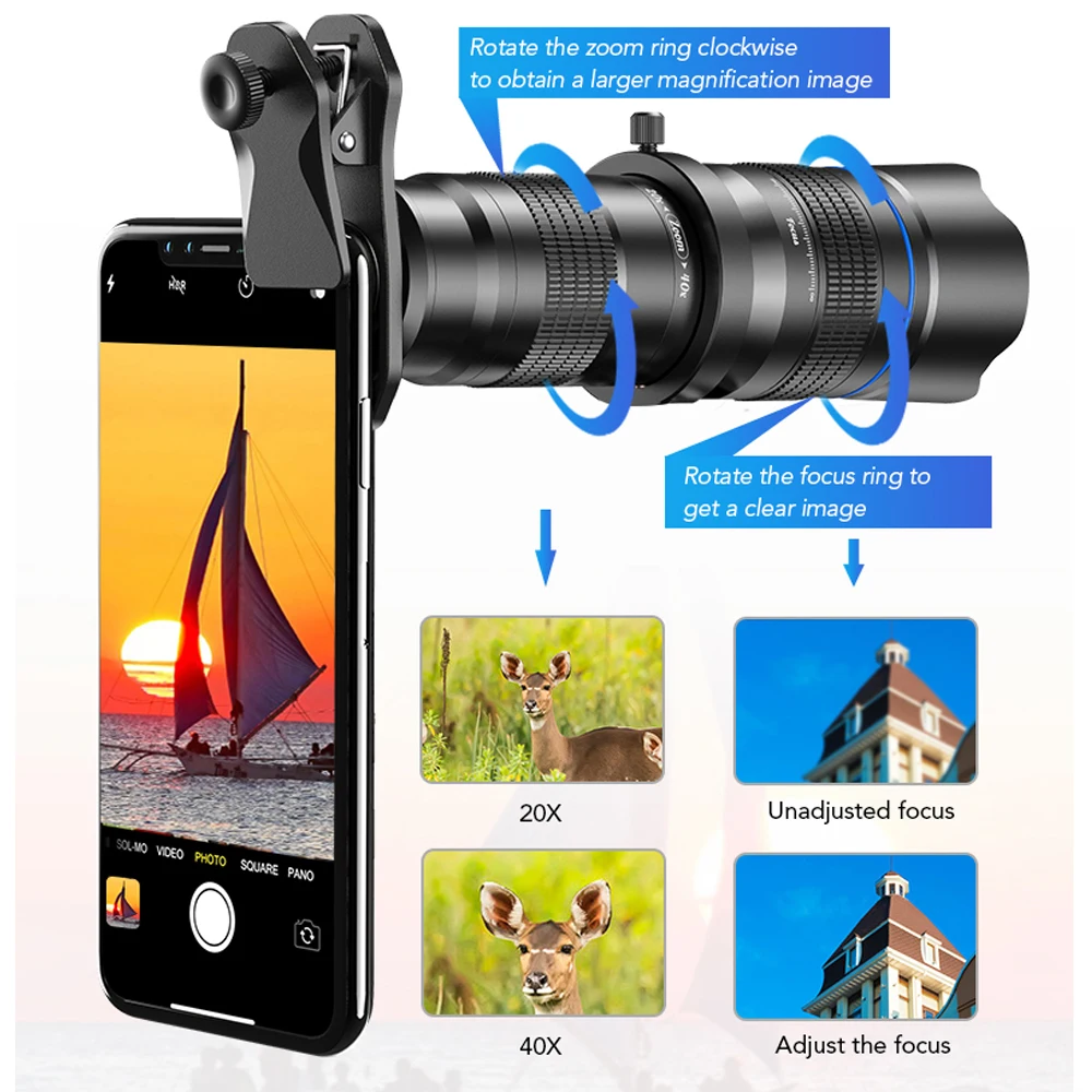 APEXEL 2020 Newest 3in1 Phone 20x-40x Zoom Telescope Lens+Mini Selfie Tripod + Remote Control Monocular Telephoto Mobile Lenses