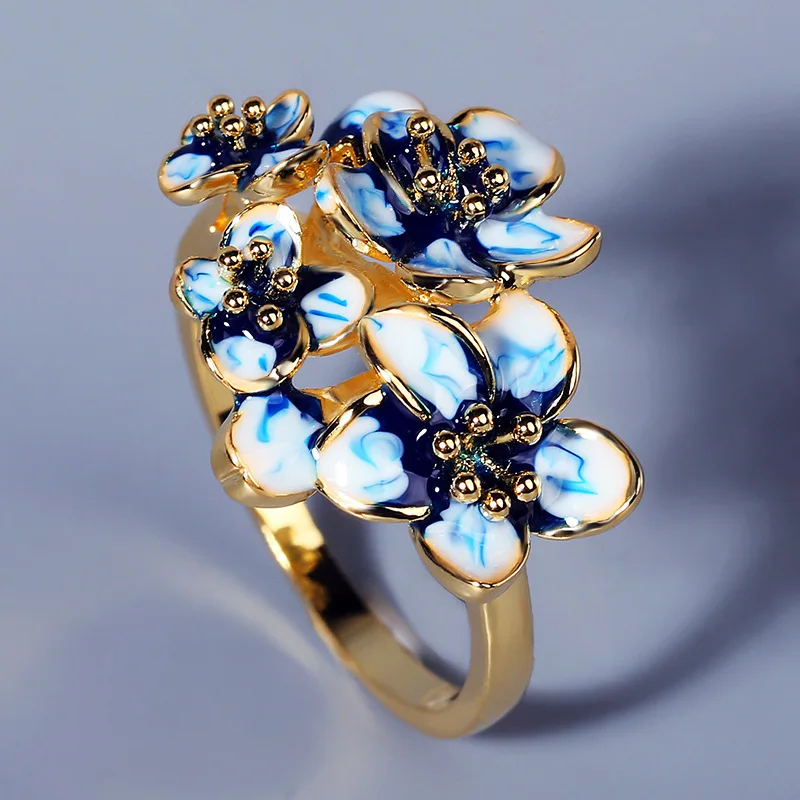 925 Silver Creative Blue Flower Enamel Epoxy Zircon Ring For Women Jewelry Wedding Party Engagement Ring Bohemia