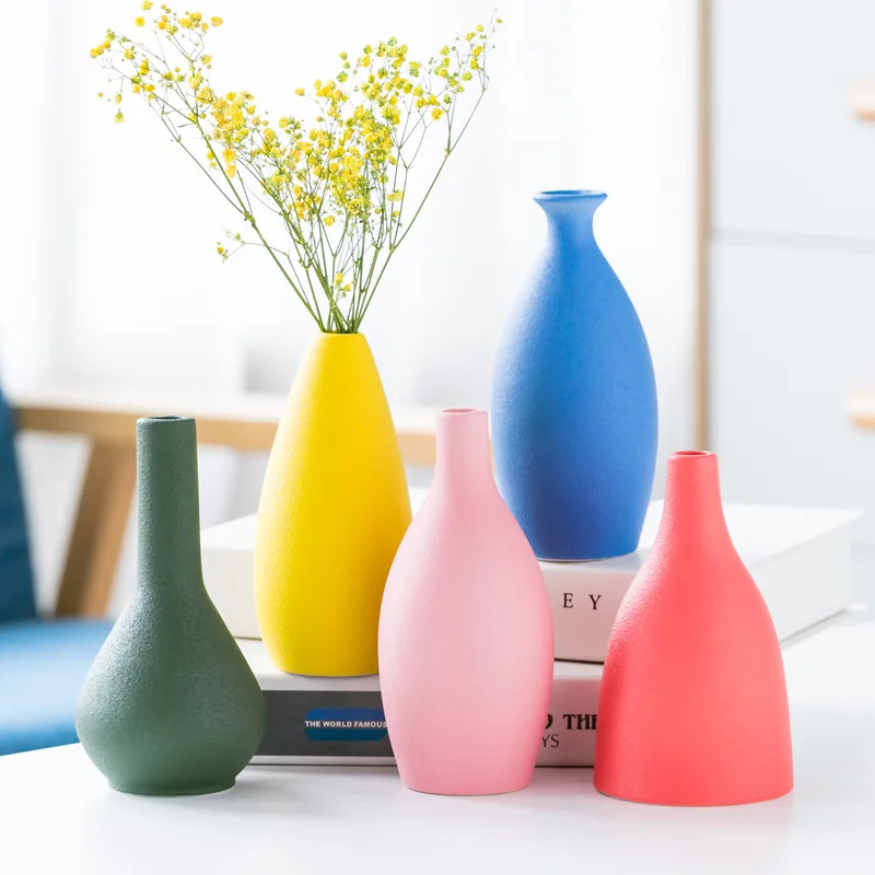 Nordic Small Vase Scrub Sand Effect Craft Ceramic Hand-made Hydroponic Flower Bottle Matte Blue Pink Yellow Home Garden Decor