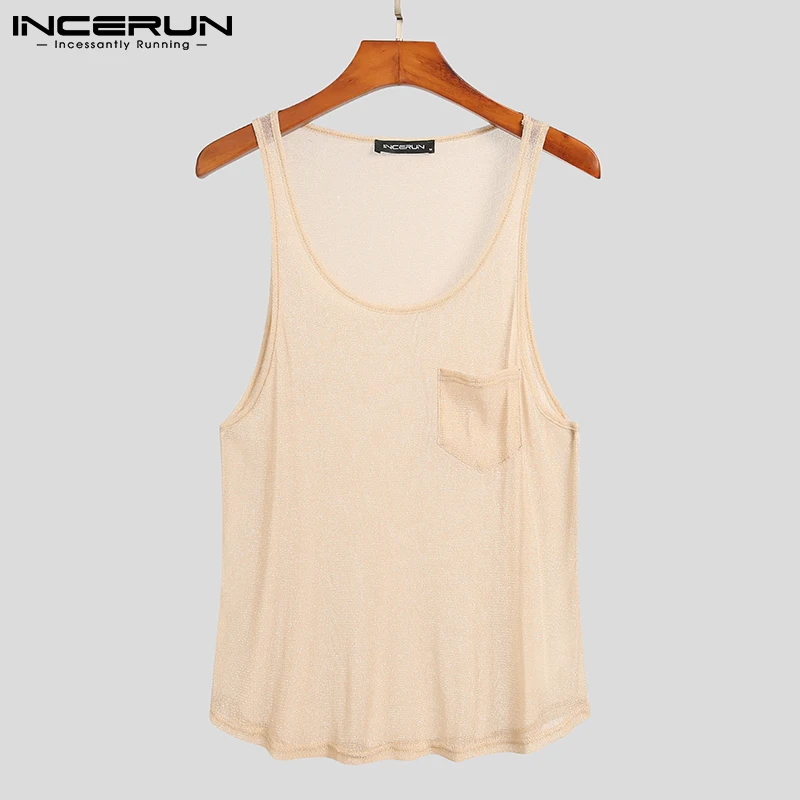 2023 Summer Tank Tops INCERUN Men Sleeveless Mesh Thin Tops Round Neck See Through Vests Man Fashion Pocket Vests Streetwear 5XL