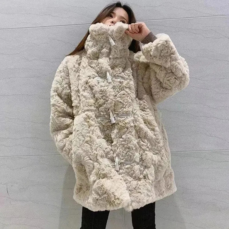 

Winter Thicken Faux Rabbit Fur Jacket Clothing Women Lambswool Casual Warm Luxury Coat Stand Collar Horn Button Plush Overcoat