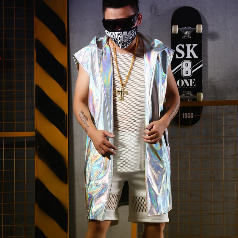 Nightclub Men PU Leather Silver Hooded Sleeveless Cloak Gogo Dance Costume Rave Clothes Bar Stage DJ Costumes Singer Long Suit