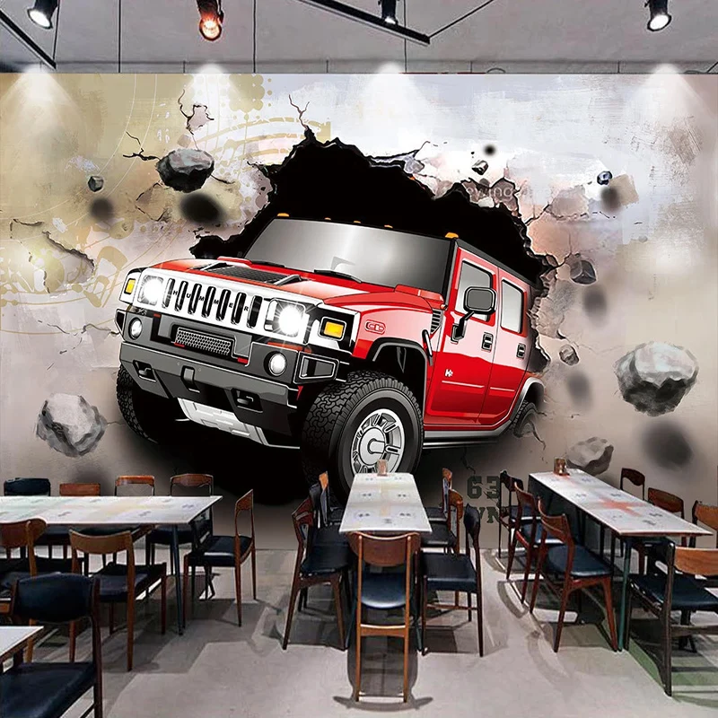 Self-Adhesive Wallpaper 3D Creative Cartoon Red Car Art Mural Restaurant Cafe Waterproof Background Papel De Parede Tapety