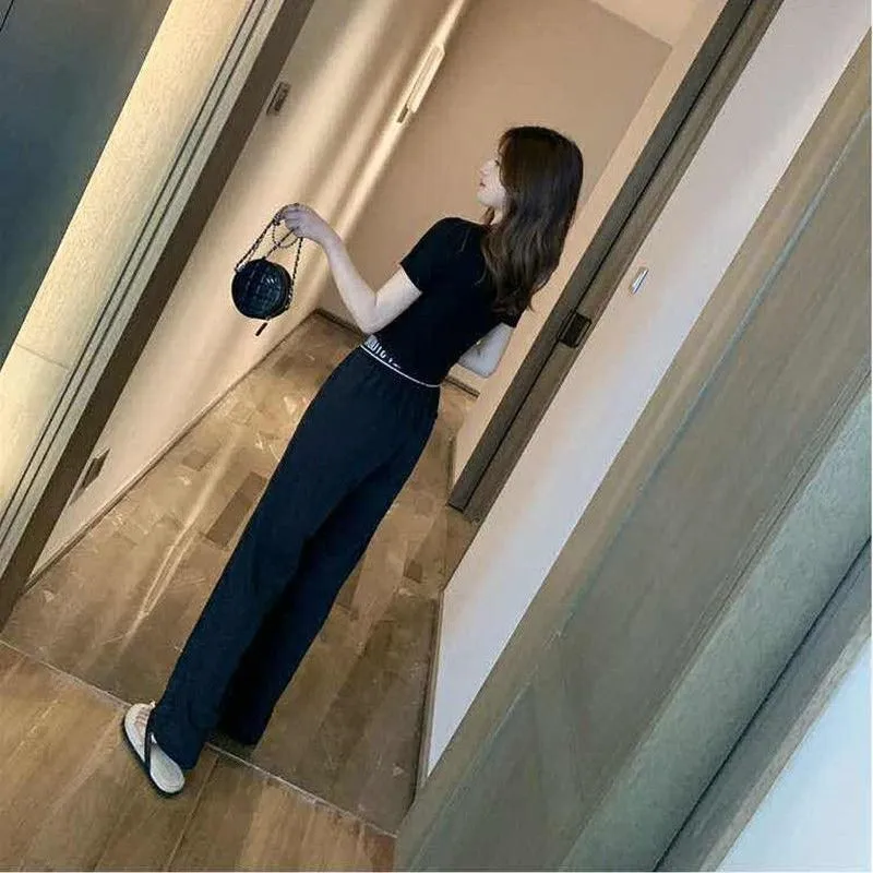 Conjunto casual de treino feminino, camiseta e calça Harlan, roupas femininas de estudante, tendência preta, 2 peças, verão