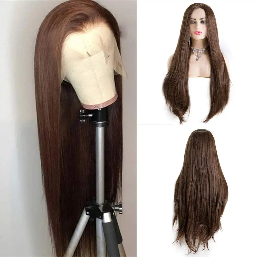 

Brown Long Straight Synthetic Lace Wig for Women Heat Resistant Fiber Free Part Wig with Natural Hairline Makeup Wig 26 Inch