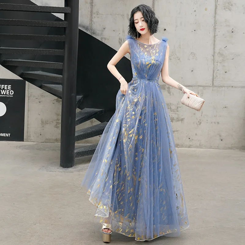 Robe de bal de standing pour femmes, tenue de soirée élégante, col rond, sans manches, ligne a, longueur au sol, broderie appliquée, dentelle