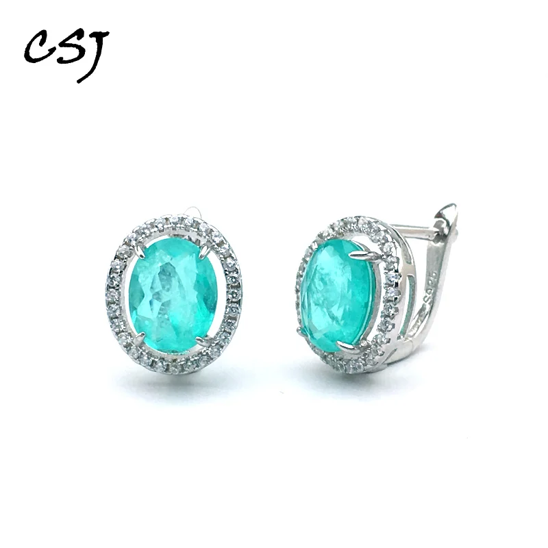 

CSJ Elegant Created Paraiba Tourmaline Earrings Solid 925 Sterling Silver Gemstone for Women Fine Jewelry Party Wedding Gift Box