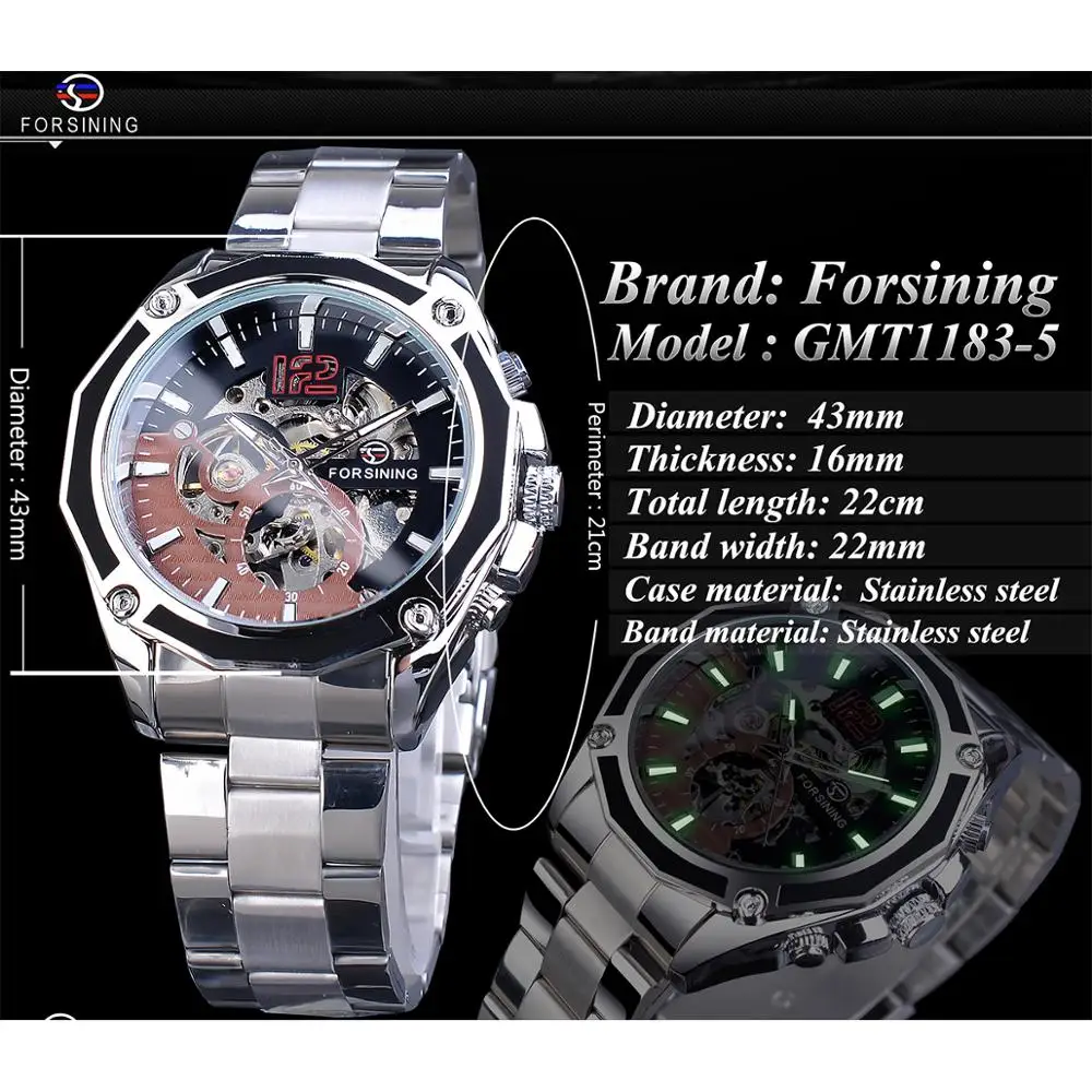 Forsining Open Work Stainless Steel Luminours Military Open Work Mens Mechanical Sport Automatic Wrist Watches Top Brand Luxury