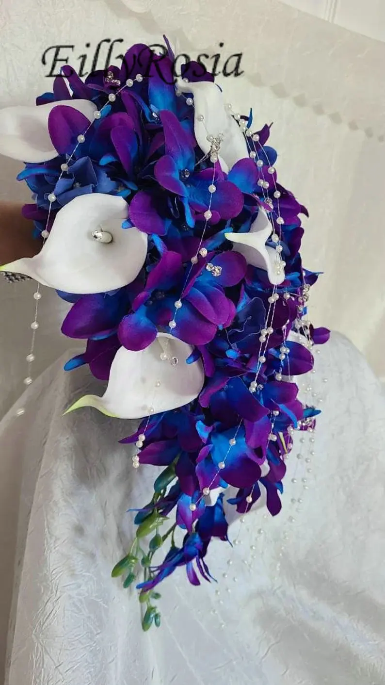 2022 Blue&Purple Galaxy Orchid Picasso Teardrop Bridal Bouquet White Calla Lilies Pearls Artificial Waterfall Wedding Flowers