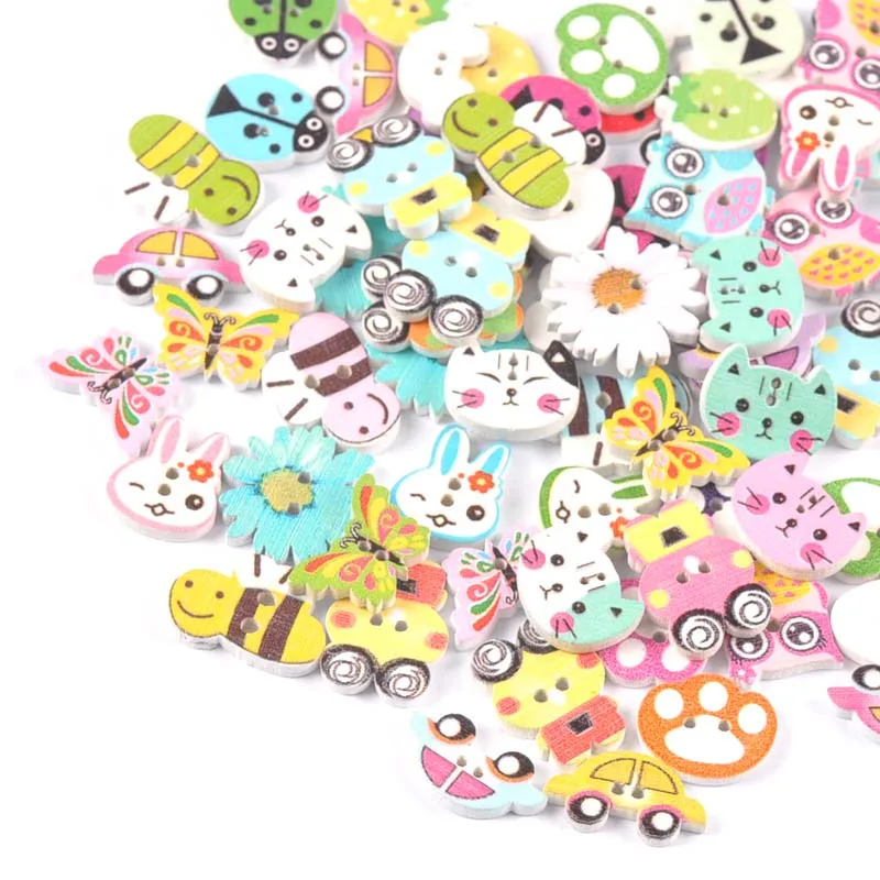 50pcs Mixed Mini Wood Animal Buttons Handmake Scrapbooking Crafts Sewing Clothing Accessories Cartoon Dog Cat Painted mt2660