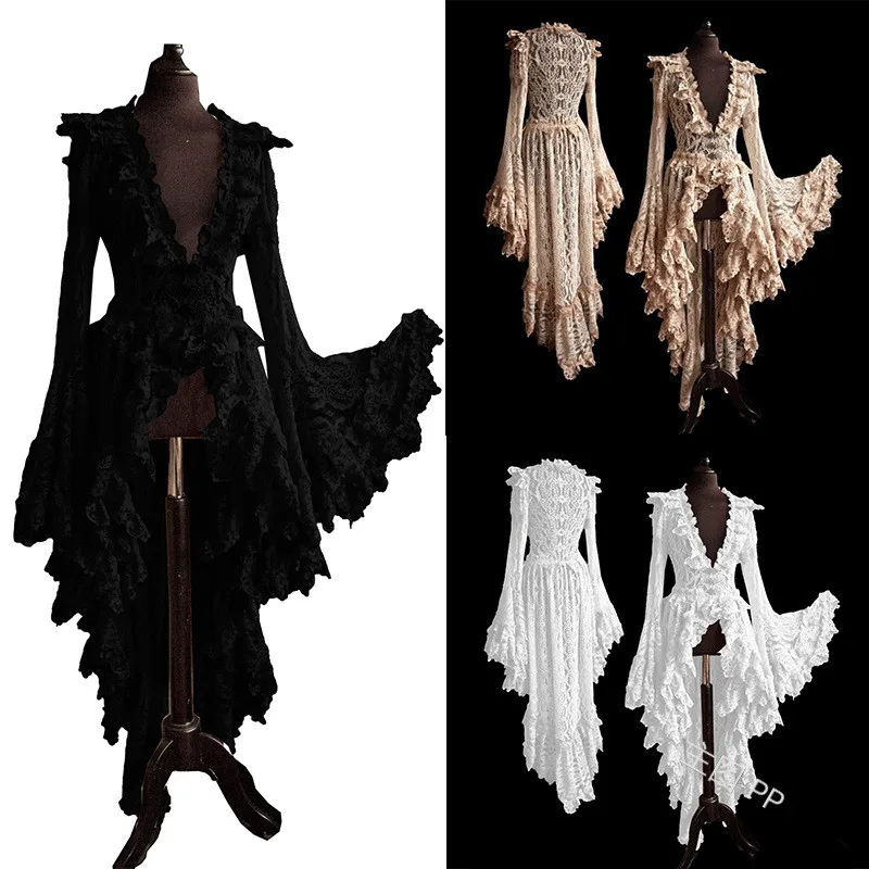 Kobiety Plus rozmiar S-5XL sukienka Cosplay gotycki styl sukienka asymetryczna Halloween Retro Vintage solidna z koronkowym średniowiecznym kardigan Cosplay