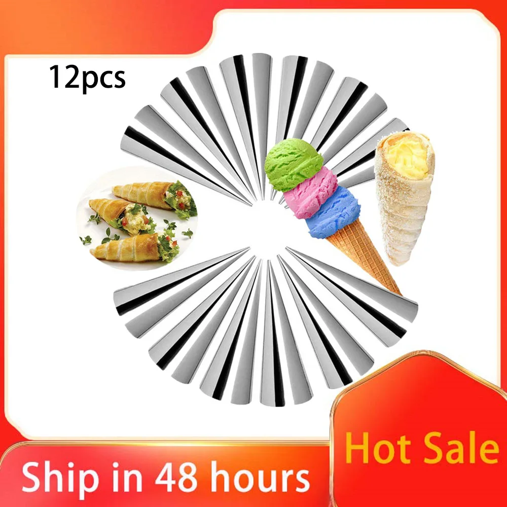 12pcs/pack Cream Horn Molds Cannoli Tubes Ice Cream Mold Stainless Steel Puff Pastry  Waffle Cone Roll Horn Croissant Mold