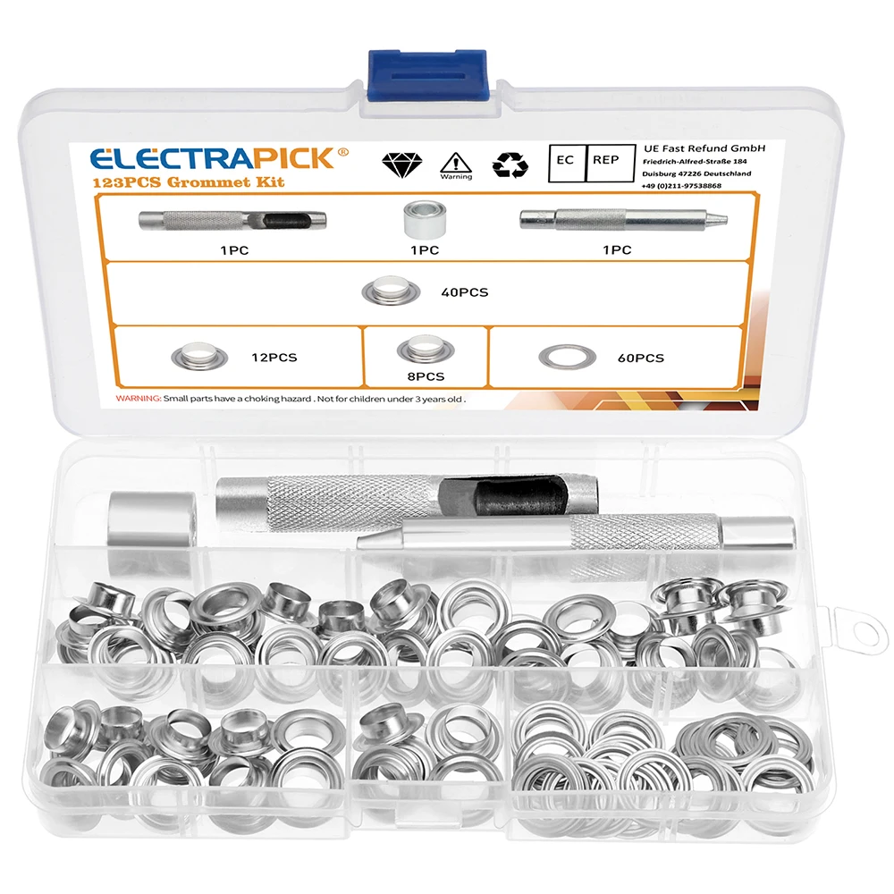 ELECTRAPICK Grommet Kit Metal Eyelets Grommets  with Storage Box Punch Hole Tool Fastened Tool for Tarpaulin Fabric Curtains