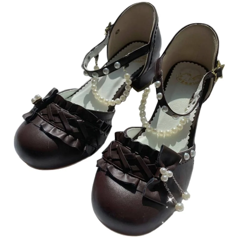 

Kawaii Tea Party Lolita Shoes Pearl Lace Sweet Girls Lolitas Anime Cosplay Goth Mid Heel Summer Women Elegant Student Sandals