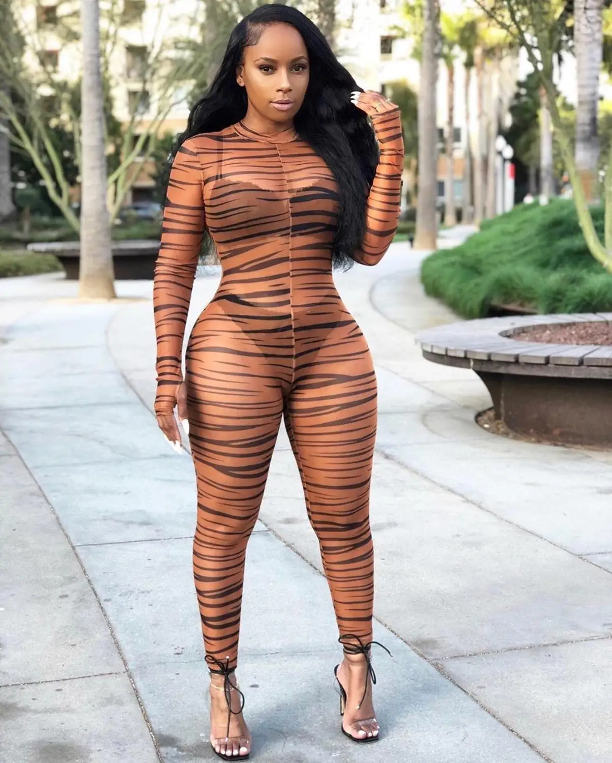 BKLD Fashion Zebra Print Women Rompers Jumpsuit 2019 Autumn Sexy Clubwear Long Sleeve See Through Mesh Bodycon Jumpsuits Women