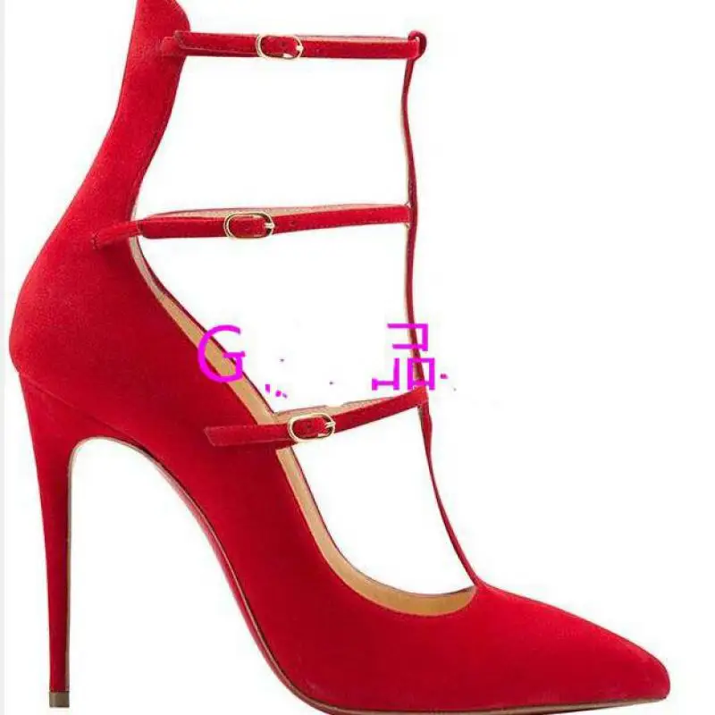 New Brand Women\'s Pumps Heels Stiletto Pure Color T-shaped Pointed High Heels Pumps Red Suede Party Wedding Shoe Sexy Sandals