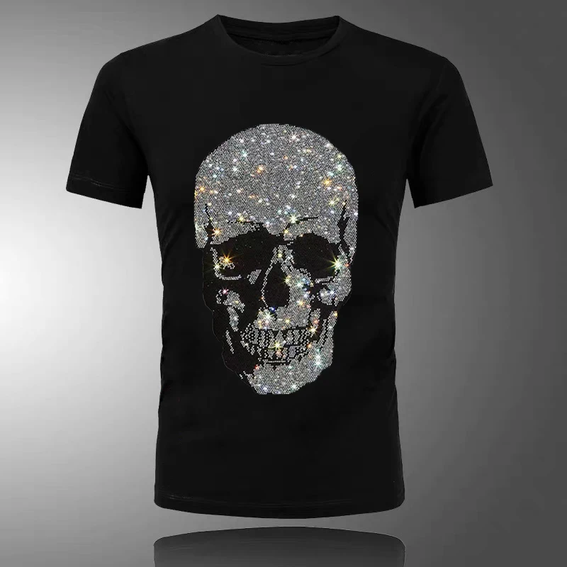 Men\'s Summer T-Shirt Shiny Gradient Skull Oversized Spring Short Sleeve Luxury Rhinestone Tops 2021 Designer Modal Cotton