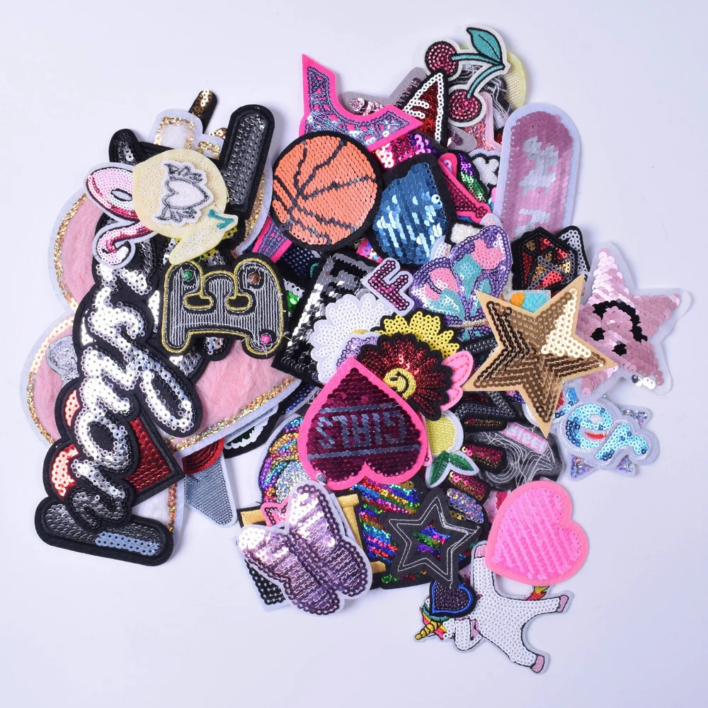 30 Pcs/Lot Sequin Patches Iron on for Jacket Jeans Backpack Stickers Girl Sewing Supplies Cloth Decoration Style Random