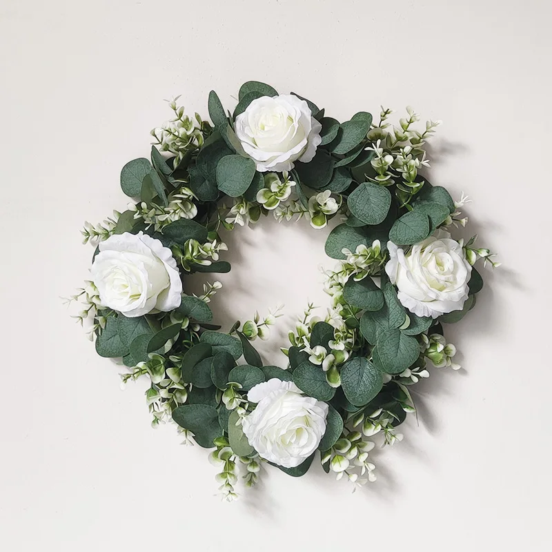 Artificial White Rose Wreath Green Leaves Eucalyptus Garland Fake Flower Wreath For Door Decoration Home Decor