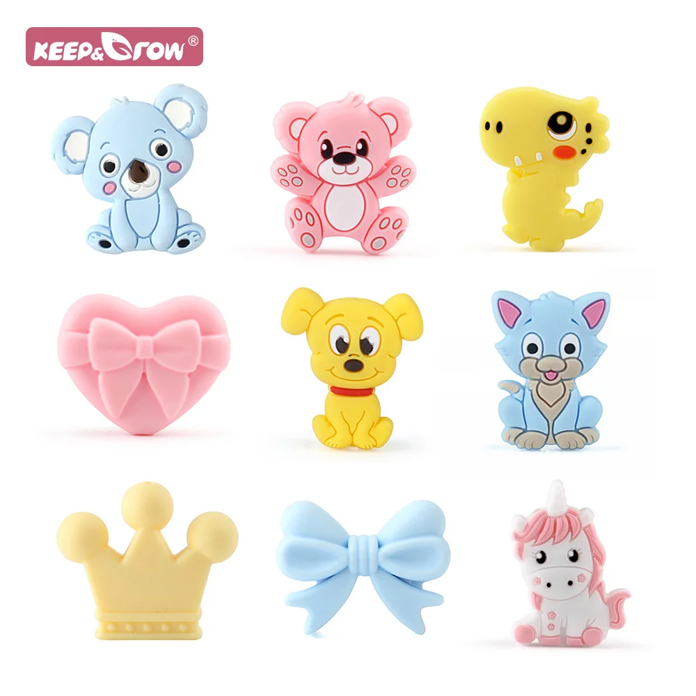 5pcs Silicone Animal Cartoon Baby Beads Teether Koala Cat Dog Bear For Pacifier Clips Beads Newborn Food grade Teething Products