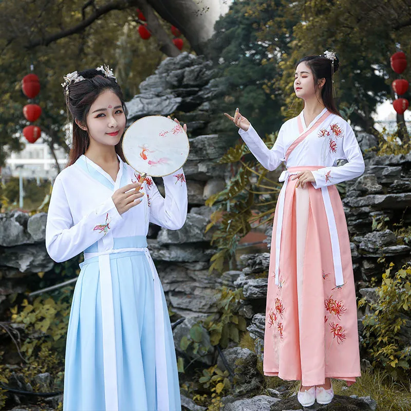 Women Ancient Chinese National Hanfu Costumes Embroidery Lady Fairy Princess Folk Dance Dress Festival Stage Performance Outfit