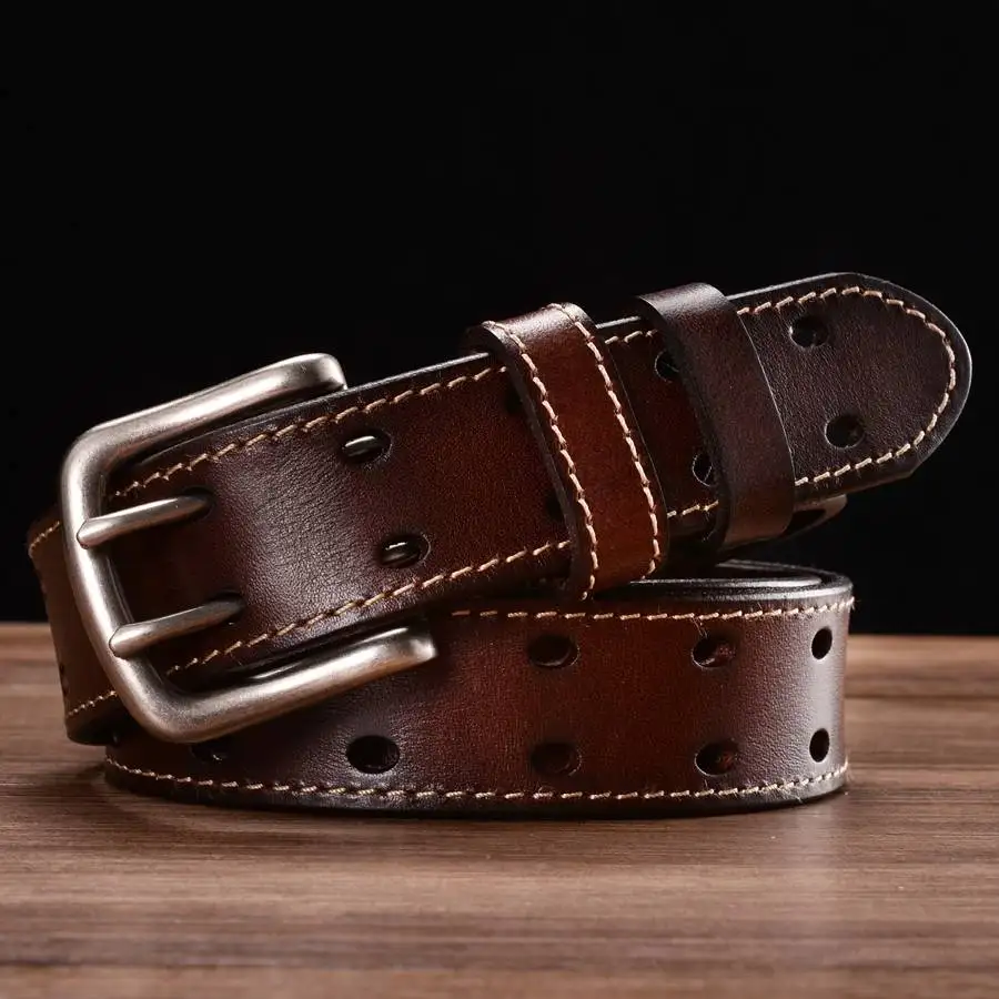 New Leather Belts for Men Classic Double Row Hole Belt Universal Hollowed Out Belt Jeans Men's Leather Double Prong Belt