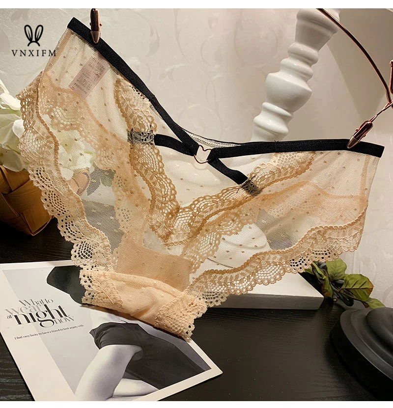 Sexy lace trim panties women see-through mesh low-waist seamless ultra-thin hollow panties 100% cotton antibacterial bottom pant