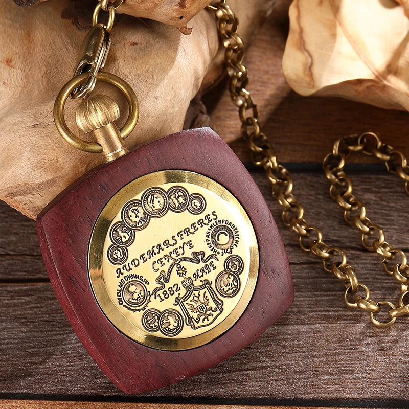 Wooden Mechanical Pocket Watch for Men Antique Golden Red Sandalwood Wood Case Gold Back Engraved Fob Chain Clock Dropshipping