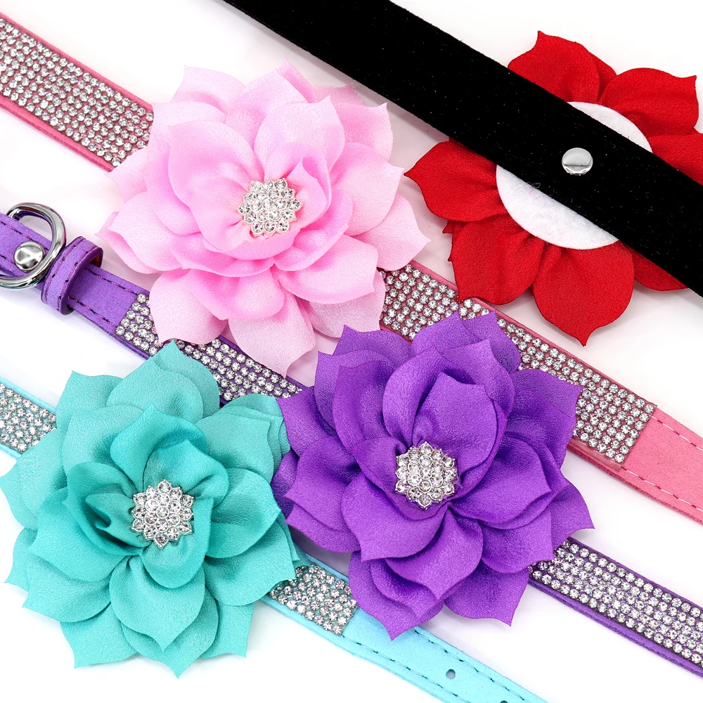 Bling Rhinestone Dog Collar With Flower Accessory Soft Suede Leather Cat Puppy Collars Necklace For Small Medium Dogs Cats