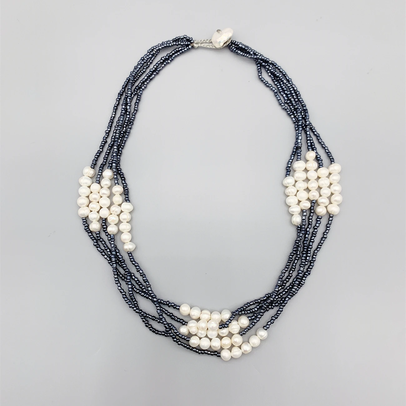 

FoLisaUnique 5 Strands Navy Blue Beads 5-6mm White Pearls Necklace For Women Gift Coin Pearl Button Clasp Casual Choker Necklace