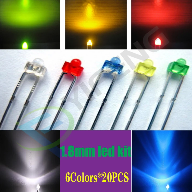 6 kolorów * 20 sztuk = 120 sztuk 1.8mm czerwony/żółty/niebieski/zielony/biały pomarańczowy rozproszone jasne R/Y/B/G/W LED lampy diody LED wybrane elementy