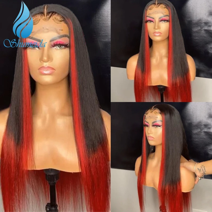 

Shumeida Highlight Red Color 13*4 Lace Front Human Hair Wigs Brazilian Remy Human Hair Gluelss Wigs for Women wirh Baby Hair