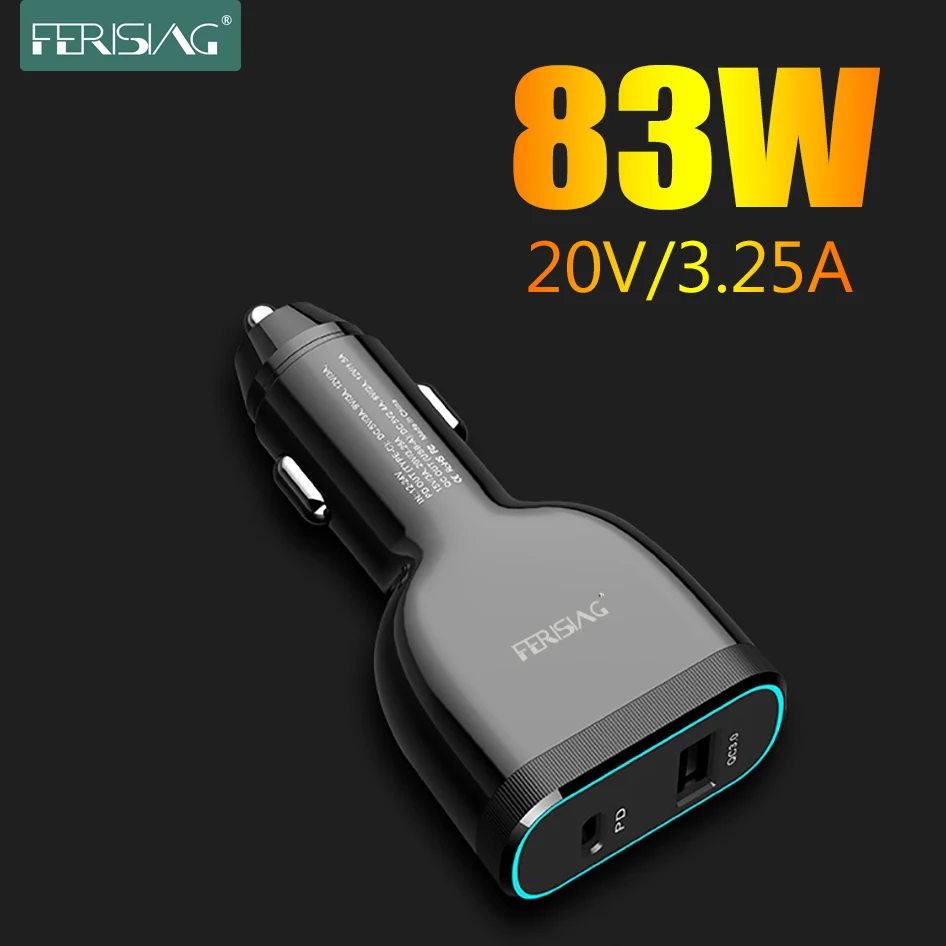 

FERISING 2port 83W Super fast car charger, USB C PD/PPS 60W/45W 20V Power adapter QC3.0/AFC/FCP/SCP 18W for Phones and Laptops