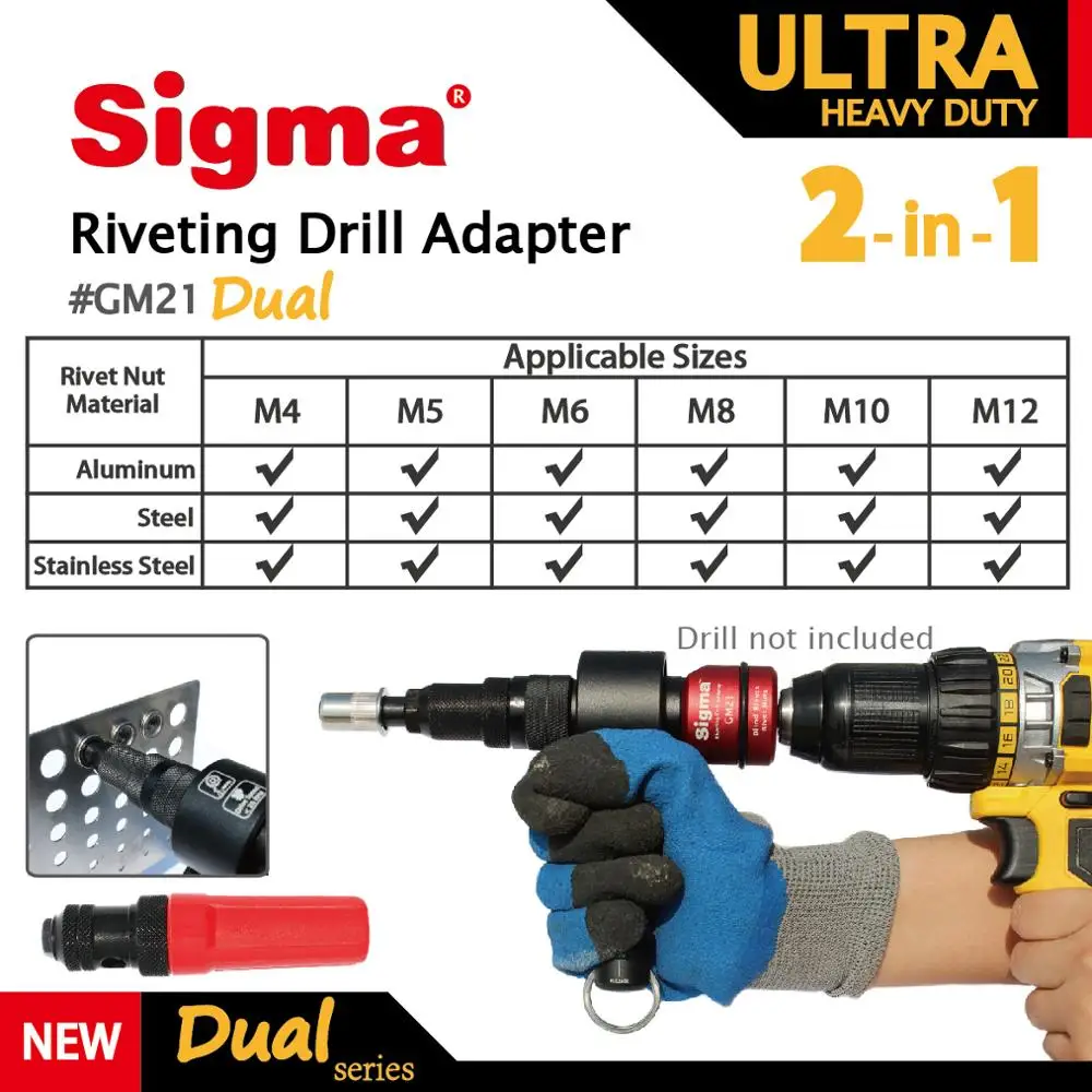 Sigma #GM21 ULTRA HEAVY DUTY 2-in-1 Riveting Drill Adapter Cordless or Electric power drill adaptor alternative air rivet tool