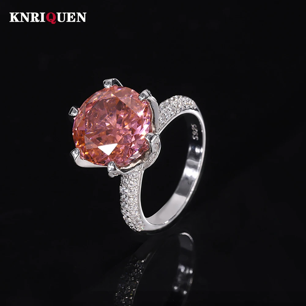 Luxury 100% 925 Sterling Silver Round 12mm Padparadscha Gemstone Ring for Women Wedding Engagement Ring Party Fine Jewelry Gift