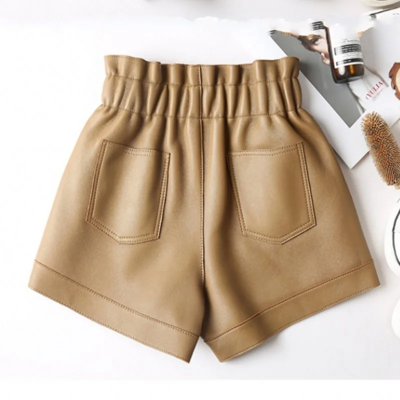 Elastic High Waist Shorts Women Zippers Buttons Multi-Pockets Solid Genuine Leather Female Korean Loose Shorts Sheepskin Autumn