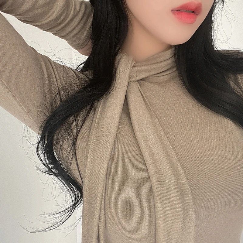 Long Sleeve Tshirt For Women Korean Fashion Scraf Neck Sexy Slim Elasticity Basic Black T-shirt Ladies Clothes Tee Shirt Tops