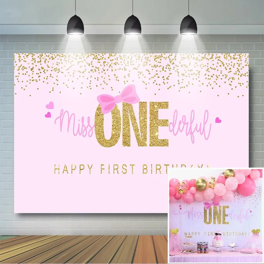 

Girls 1st Birthday Backdrop Pink Bow and Gold Dot Background Girls Birthday Party Decor Little Miss Onederful Birthday Banner