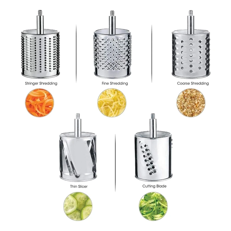 Stainless Steel Cheese Grater, Rotary Chopper, Vegetable Shredder Salad Slicer Multi-Use Hand Grater Grinder 5 Blades