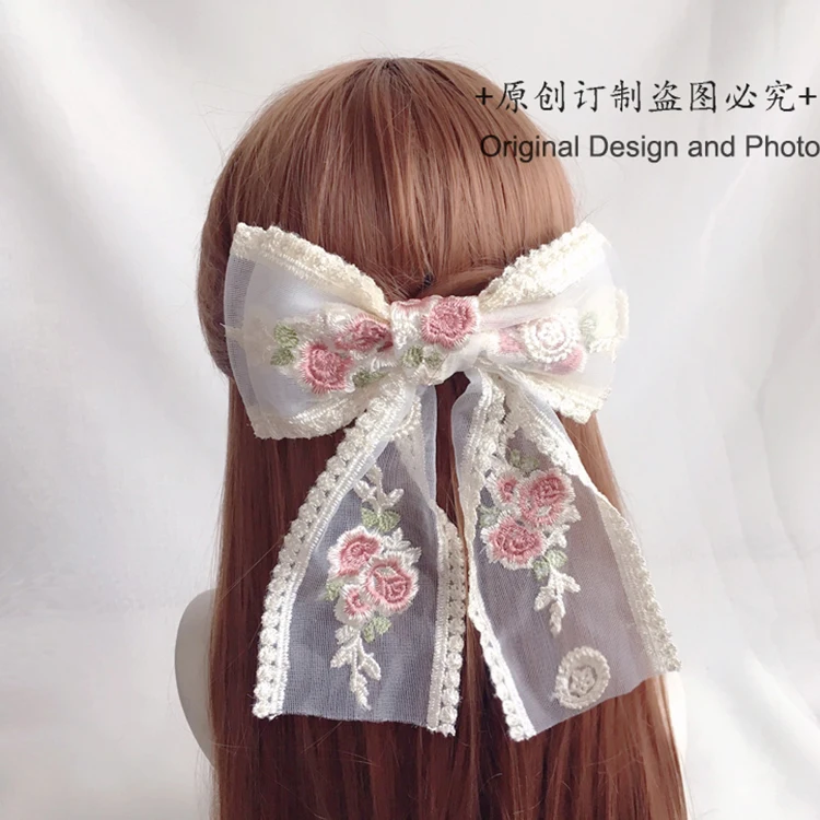 Sweet Cute Lolita Dress Lace Machine Embroidery Bow Barrettes Elegant All-Match Hairpin Barrettes