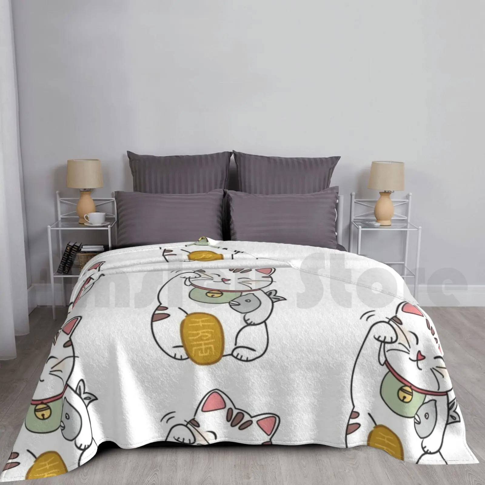 Manta de gato de la suerte, moda personalizada, gato de la suerte, gatito de la suerte, gatos, pez de la fortuna, animales lindos, campana folclórica Kawaii