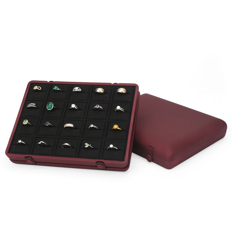 Neue Rot PU Leder Verdeckte Taste Schmuck Ring Anhänger Display Tray Gebaut-in 20 Zellen Karte Slot Für Frauen mode Zubehör