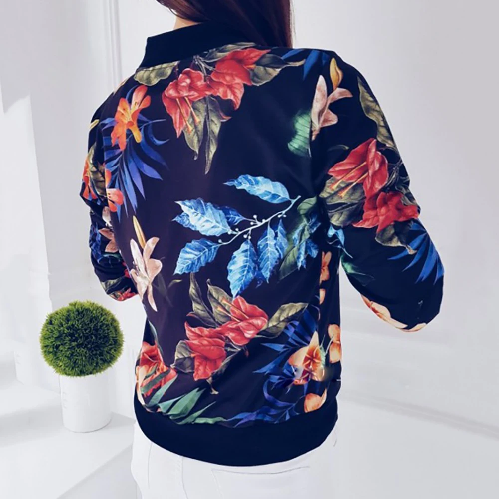 Fashion Flower Leaves Printing Women Jacket Long Sleeve Lady Baseball Sports Outwear Overcoat Jacket Zipper Coat chaqueta mujer