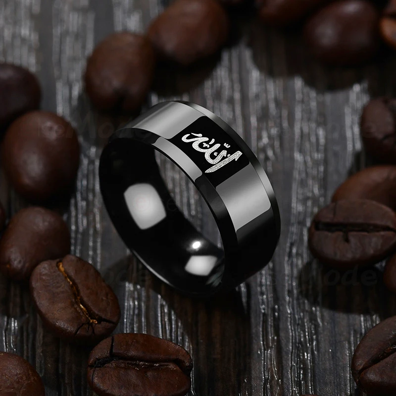 Akizoom 8MM Black Color Muslim Allah Ring Islam Arabic God Messager Stainless Steel Ring Quran Middle Eastern Women Men Gift